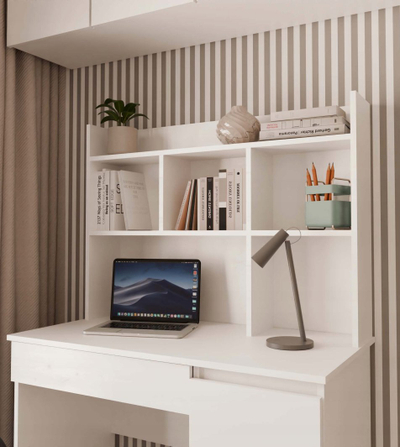 Tavolinë pune White Desk, 98 x 51 cm, 4 sirtarë, me raft, e bardhë