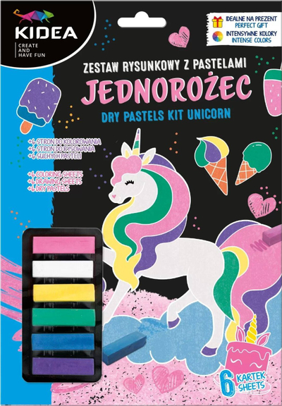 Set pastelash të thatë Kidea Unicorn, 6 ngjyra, 6 fletë vizatimi