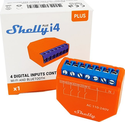 Modul smart Shelly Plus i4, 4 hyrje digjitale, Wi‑Fi dhe Bluetooth, portokalli