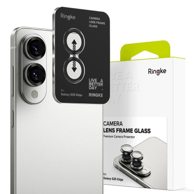 Маска за заштита на камера Ringke Lens Frame Glass за Galaxy S25 Edge, сет 2 парчиња, алуминиум и зацврстено стакло, црна