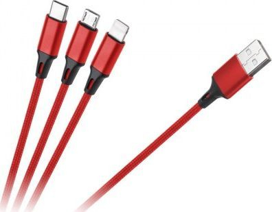 Kabllo 3 në 1 Rebel, USB A në Lightning, USB C dhe Micro, 1 m, e kuqe