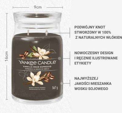 Qiri Yankee Candle Signature Vanilla Bean Espresso, 567g, aromë vanilje dhe kafe, i bardhë