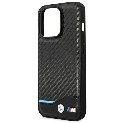 Mbulesë telefoni BMW M Collection për iPhone 14 Pro Max, lëkurë PU me efekt karboni, mbrojtëse, e zezë me vijë blu