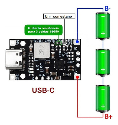 Modul karikues për bateri 18650, 2–3 qeliza, lidhje USB C