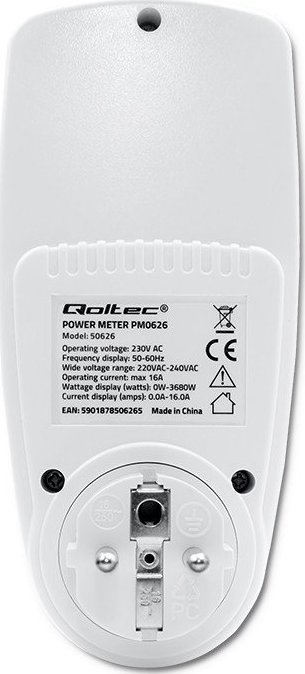 Matës konsumimi energjie Qoltec PM0626, 3680W, ekran LCD, i bardhë