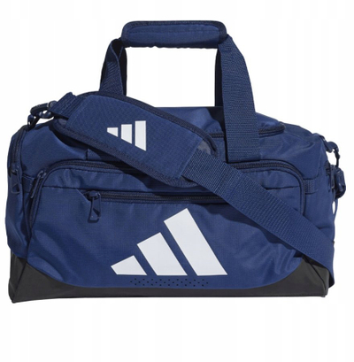 Çantë sporti Adidas Tiro Duffle XS, me shirit krahut, blu e errët me të bardhë