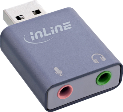 Аудио адаптер USB InLine, USB A, излез за слушалки, влез за микрофон, сив