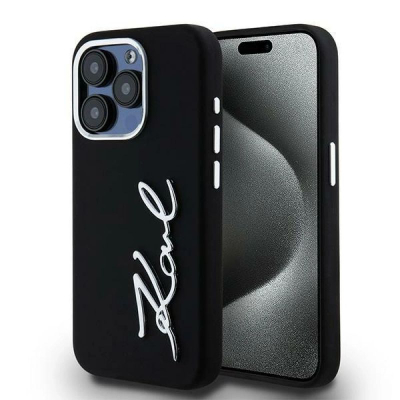 Маска за телефон Karl Lagerfeld Silicone Metal Script Logo, за iPhone 15 Pro Max, силикон, црна