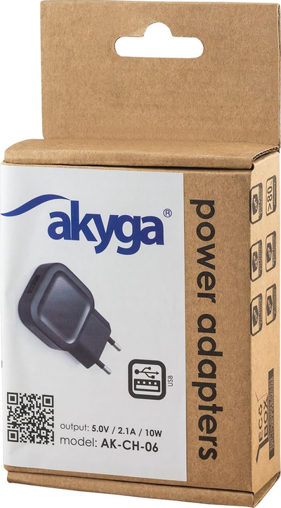 Karikues rrjeti Akyga AK-CH-06, 1x USB A 2.1A, 10W, i zi