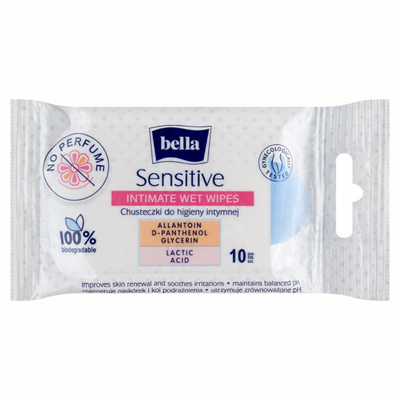 Интимни влажни марамчиња Bella Sensitive, за чувствителна кожа, без мирис, 10 парчиња