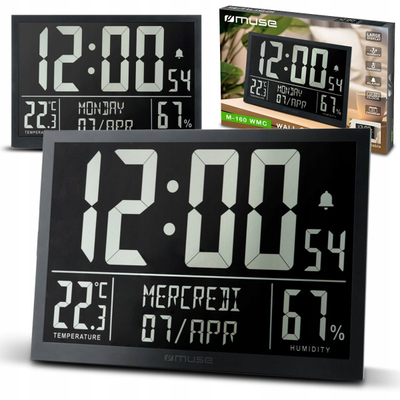 Orë dixhitale Muse LCD me kalendar e termometër, ekran i madh, e zezë