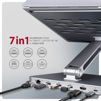 Stendë laptopi AXAGON HMC-STND, 10"-16", hub USB-C 7 në 1, gri