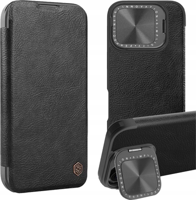 Kuti telefoni Nillkin Qin Prop për iPhone 16 Pro, lëkurë, me kapak stand, e zezë