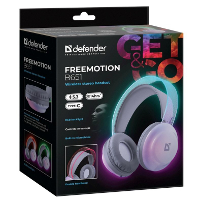 Безжични гејмерски слушалки Defender FreeMotion B651, Bluetooth, со RGB осветлување, црни