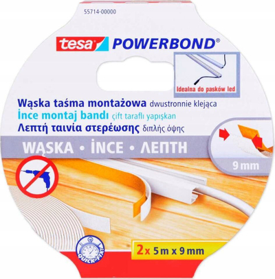 Shirit vetëngjitës dypalësh Tesa Powerbond 55714, 5m x 9mm, set 2 copë, i bardhë