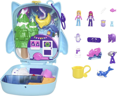 Set lodrash Polly Pocket Pajama Party Snowy Sleepover Owl Compact HKV37, me figurina dhe lojë me ujë, shumëngjyrësh