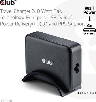 Karikues udhëtimi Club 3D GaN, 240W, me 4 porta USB C PD 3.1 PPS, i bardhë