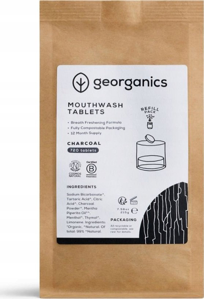 Tableta shplarje goje Georganics Mouthwash Refill Charcoal, 720 copë, pa fluoride, me qymyr të aktivizuar