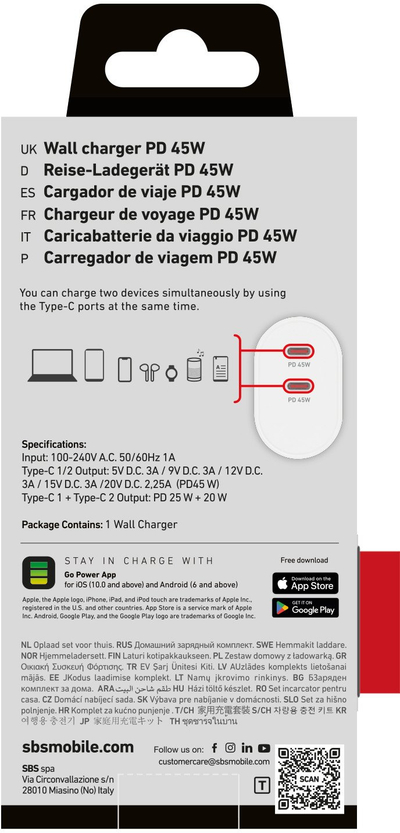 Ѕиден полнач SBS, 2 USB-C порти, 45W Power Delivery, црн