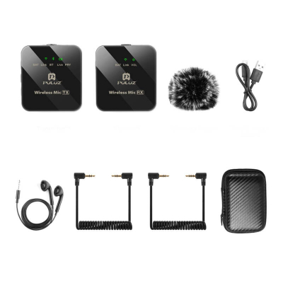 Mikrofon wireless lavalier Puluz, 1 TX 1 RX, për kamera dhe telefona, i zi