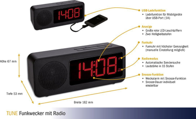 Radio-orë me zile TFA Tune 60.2546.01, dixhitale, me radio FM, e zezë