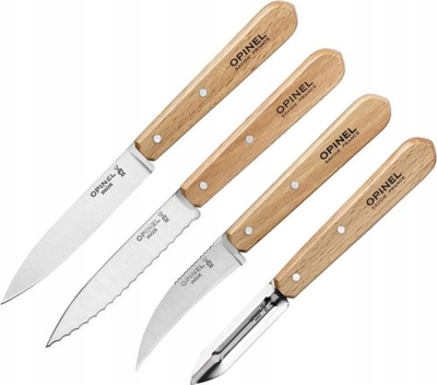 Set thika kuzhine Opinel Natural 4 Essentials, çelik inoks, doreza dru ahu, ngjyrë natyrale