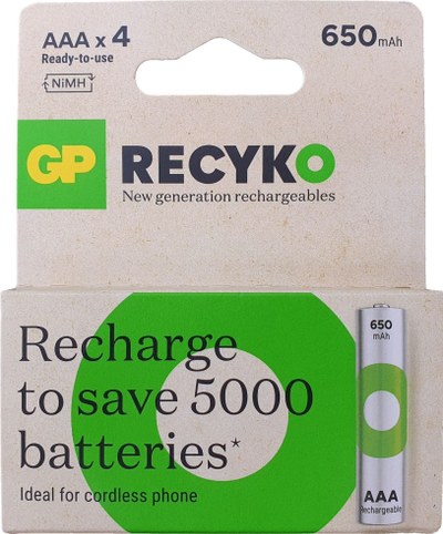 Bateri të rikarikueshme GP Recyko AAA, 650mAh, NiMH, set me 4 copë