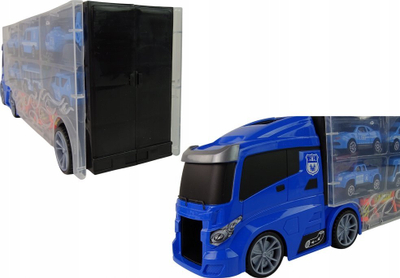 Set lodrash kamion policie Leantoys, transportues me 12 makina, plastike, blu