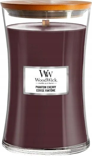 Миризлива свеќа WoodWick Phantom Cherry, 180 часа, hourglass, мирис на црна вишна