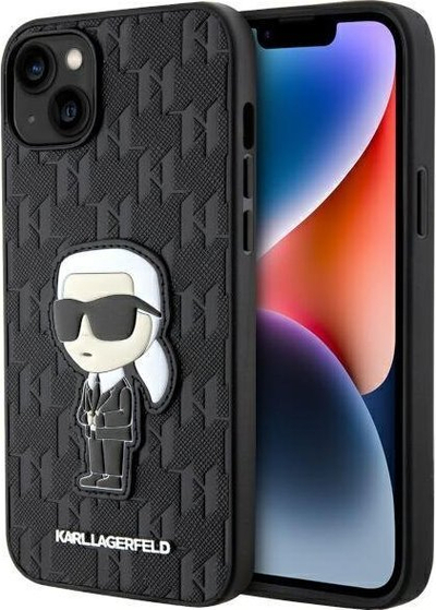 Mbështjellës telefoni Karl Lagerfeld Saffiano Monogram Ikonik për iPhone 14 Plus, lëkurë eko, shkon me karikim me valë, i zi