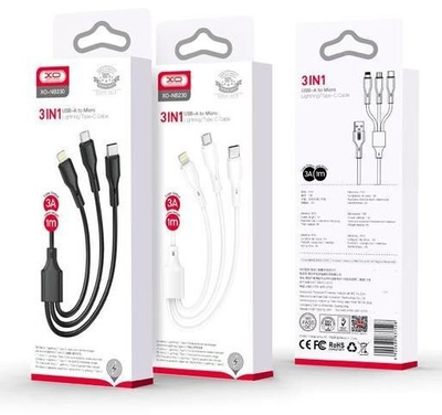 Kabllo karikimi XO NB230 3in1, USB në USB C MicroUSB Lightning, 1m, 2.4A, e zezë