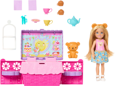 Set lodër Barbie Club Chelsea Tea Party Picnic, kukull 15cm, me gjoja pikniku, rozë