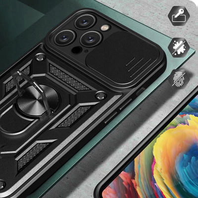 Maskë mbrojtëse Hybrid Armor Camshield për iPhone 16 Pro, me kapak kamere, me mbajtëse, e zezë