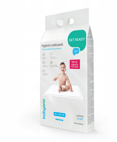 Mbështetëse higjienike BabyOno Hygienic Underpads, 60x90 cm, 12 copë, të bardha