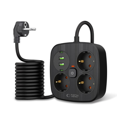 Prizë zgjatese Tech-Protect PCS3X4, 3 dalje, 2xUSB-A 2xUSB-C, kabllo 2m, e zezë