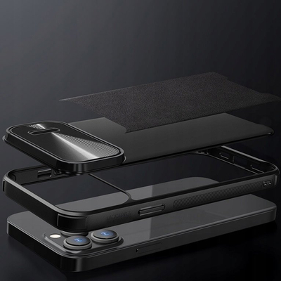 Mbulesë telefoni Nillkin CamShield Leather për iPhone 14 Pro, me kapak kamere, e zezë
