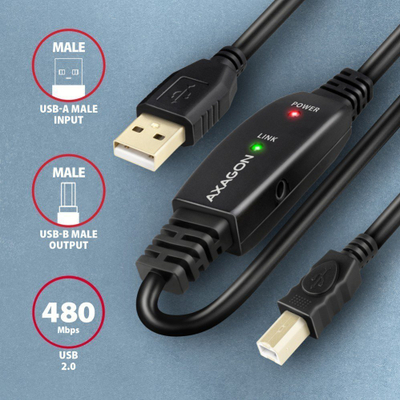Kabllo USB Axagon ADR-220B, USB A në USB B, 20 m, e zezë