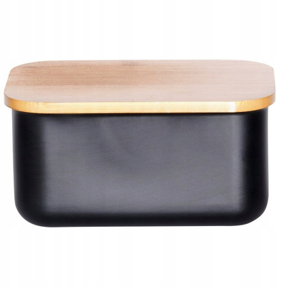 Enë gjalpi Vilde Butter Dish Steel, çelik karboni, kapak bambuje, e zezë