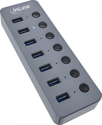 HUB USB InLine USB 3.2 Gen 1, 7 porta, me çelës, alumini, gri