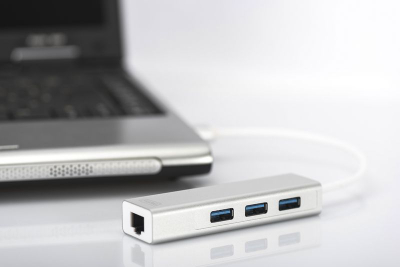USB хаб Дигитус ДА-70250-1, УСБ 3.0 3 порти, Фаст Етернет, сребрен