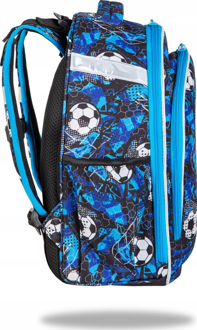 Çantë shpine CoolPack Turtle Soccer E15553, plot ndarje, me shirita që duken në errësirë, blu me figura futbolli