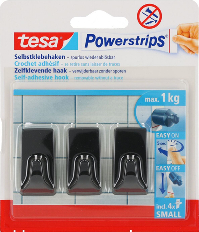 Kapëse muri tesa Powerstrips Black Hooks 58278, vetëngjitëse, 3 copë, të zeza