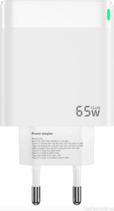 Karikues muri GaN 65W, 2x USB‑C, USB‑A, me kabllo USB‑C