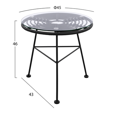 Tavolinë anësore Allegra HM5459.02, metal me wicker, sipërfaqe xhami, 45×46cm, e zezë