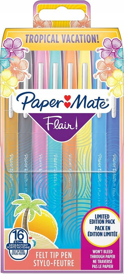 Stilolapsa me majë felt Paper Mate Flair, 0.7mm, set 16 copë, ngjyra tropikale