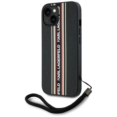 Футрола за телефон Karl Lagerfeld Saffiano Athleisure Stripes Cord за iPhone 15 6.1", со ремен за рака, црна