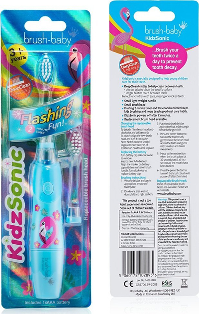 Furçë dhëmbësh elektrike Brush-Baby KidzSonic Flamingo, sonike, për fëmijë 3+, blu