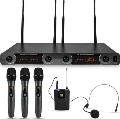 Sistem mikrofonësh pa tel NN WMIC4, 4 kanale UHF, me 3 mikrofona dore edhe headset, i zi