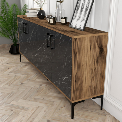 Konsolë Hommy Craft Kiev, 180x78x35 cm, efekt mermeri, walnut e zezë