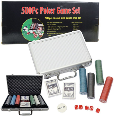 Set profesional pokeri me fishka, 500 copë, kuti alumini, shumëngjyrësh